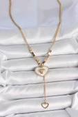 316L Çelik Gold Renk Zincir Beyaz Mineli Kalp Figür Sallantı Detay Kadın Kolye thumbnail 2