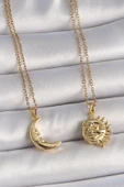 316L Çelik Gold Renk Ay Güneş Model Arkadaşlık Kadın Kolye thumbnail 5