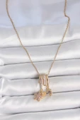 316L Çelik Gold Renk Sallantı Zirkon Taşlı Mor Taşlı Ayıcık Figür Charm Kadın Kolye thumbnail 2