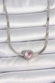 316L Çelik Gümüş Renk İtalyan Zincir Pembe Zirkon Taşlı Kalp Model Kadın Kolye thumbnail 1