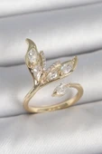 Pirinç Gold Renk Zirkon Taşlı Balık Kuyruğu Model Ayarlanabilir Model Kadın Yüzük - 1