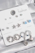 Pirinç Gümüş Renk İncli Zirkon Taşlı Halka Figür Yıldız Detay 7 Çift Kadın Küpe Seti - 1