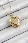 316L Çelik Zincir Açılabilir Kelebek Figürlü Kalp Model Zirkon Taşlı Gold Renk Kadın Kolye thumbnail 1
