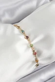 Pirinç Gold Renk Karışık Renkli Zirkon Taşlı Kadın Bileklik thumbnail 1