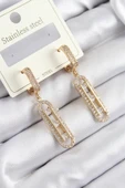 316L Çelik Zirkon Taşlı Sallantılı Messika Model Gold Renk Kadın Küpe - 1