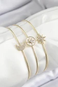 Pirinç Zirkon Taşlı Ay Ve Kutup Yıldızı Model Gold Renk Vip 3'lü Kadın Bileklik thumbnail 1