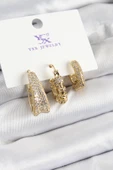Pirinç Zİrkon Taşlı Halka Model Gold Renk 3'lü Kadın Küpe - 1