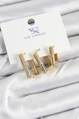 Pirinç Zİrkon Taşlı Dikdörtgen Model Gold Renk 3'lü Kadın Küpe - 1