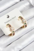 316L Çelik Renkli Zirkon Taşlı Kalpli Baget Halka Model Gold Renk Kadın Küpe - 1