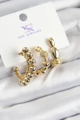 Pirinç Zİrkon Taşlı Halka Model Gold Renk 3'lü Kadın Küpe - 1