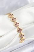 Pirinç Pembe Zirkon Taşlı Yonca Model Gold Renk VIP Seri Kadın Bileklik thumbnail 1