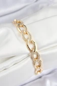Pirinç Zirkon Taşlı Zincir Model Gold Renk Kadın Bileklik thumbnail 1