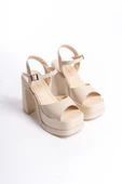Kadın Lenisi Krem Cilt Tek Bantlı (12 cm ) Platform Topuklu Ayakkabı - 4