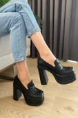Kadın Clara Siyah Deri İnce Tokalı Lofer Model 12 cm  Platform Topuklu Ayakkabı thumbnail 5