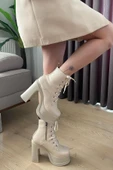 Kadın Simya Krem Bağcıklı Detaylı 12 cm Platform Topuklu Fermuarlı Bot thumbnail 1