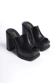 Kadın Marci Siyah Geniş Bantlı (12 cm ) Platform Topuklu Terlik - 4