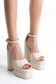 Kadın Elina Tek Bantlı Bej Cilt 15 cm Platform Topuklu Ayakkabı thumbnail 3