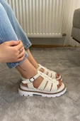 Kadın Desma Beyaz Kafes Model Vardola Deyatlı  Kalın Taban Ortopedik  Sandalet  K-140 - 1