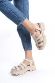 Kadın Petra Krem Deri Yüksek Taban Kafes Model Sandalet 950 - 3