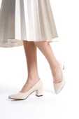 Kadın Camila Krem Deri 6 Cm Kalın Topuklu Hafif Sivri Burunlu Klasık Ayakkabı - 3