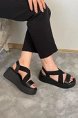 Kadın Mokka Siyah Lastik Detaylı  Dolgu Tabanlı Sandalet - 2