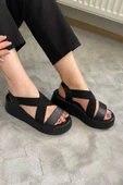 Kadın Mokka Siyah Lastik Detaylı  Dolgu Tabanlı Sandalet - 4