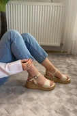 Kadın Bohema Bej Cilt Tek Bantlı Kalın Mantar Taban Ortopedik  Sandalet  K-210 - 3