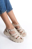 Kadın Petra Krem Deri Yüksek Taban Kafes Model Sandalet 950 - 1