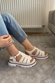 Kadın Desma Beyaz Kafes Model Vardola Deyatlı  Kalın Taban Ortopedik  Sandalet  K-140 - 4
