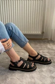 Kadın Desma Siyah Kafes Model Vardola Deyatlı  Kalın Taban Ortopedik  Sandalet  K-140 thumbnail 3
