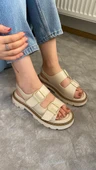 Kadın Merlin Krem Cilt Çift Bantlı Vardola Deyatlı  Kalın Taban Ortopedik  Sandalet  K-110 - 1