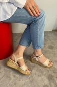 Kadın Bohema Bej Cilt Tek Bantlı Kalın Mantar Taban Ortopedik  Sandalet  K-210 - 2