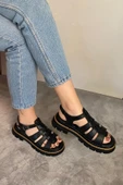 Kadın Desma Siyah Kafes Model Vardola Deyatlı  Kalın Taban Ortopedik  Sandalet  K-140 thumbnail 1