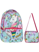 Yeşil Magic Unicorn Figürlü Kız İlkokul Sırt Çantası + Beslenme Çantası (2305) - 1