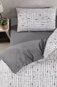 LaLiva Gri Beyaz Kareli Çarşafı Lastikli Tek Kişilik Nevresim Takımı thumbnail 4