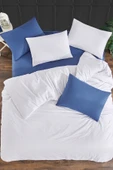 LaLiva %100 Doğal Pamuk Akfil Kumaş Çarşafı Lastikli Çift Kişilik Nevresim Takımı  Beyaz mavi thumbnail 1