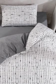 LaLiva Gri Beyaz Kareli Çarşafı Lastikli Tek Kişilik Nevresim Takımı thumbnail 5