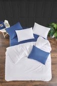 LaLiva %100 Doğal Pamuk Akfil Kumaş Çarşafı Lastikli Çift Kişilik Nevresim Takımı  Beyaz mavi thumbnail 2