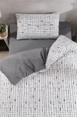 LaLiva Gri Beyaz Kareli Çarşafı Lastikli Tek Kişilik Nevresim Takımı thumbnail 3