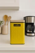 Ahşap Görünümlü Metal Kapaklı 1 Adet Gofreli Sarı Kahve Saklama Kutusu & Kavanoz 17*11*8 cm - 3