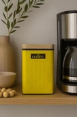Ahşap Görünümlü Metal Kapaklı 1 Adet Gofreli Sarı Kahve Saklama Kutusu & Kavanoz 17*11*8 cm - 2