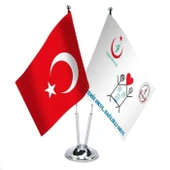 Temiz Okul - Sağlıklı Okul ve Türkiye - İkili Paslanmaz Metal Krom Direkli Saten Masa Bayrağı - 1