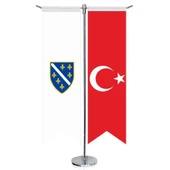 Bosna Hersek (1992-1998) Bayrağı ve Türkiye -Kırlangıç - Saten T direk 2li Masa Bayrağı - 1