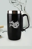 Nesnel Gift Siyah Çelik Kulplu Bardak Termos - Ejderha Motifli thumbnail 1