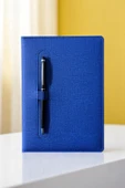 Nesnel Gift Modern Tasarım Kalemli Ajanda Mavi Kumaş Kaplama - Siyah Touchpenli Metal Kalem Hediyeli - 3