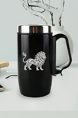 Nesnel Gift Siyah Çelik Kulplu Bardak Termos - İllistrasyon Aslan Motifli thumbnail 1
