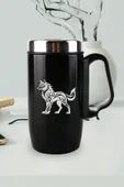 Nesnel Gift Siyah Çelik Kulplu Bardak Termos - İllistrayon Kurt Motifli thumbnail 1