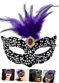 Siyah Kadife Üzeri Rengarenk Payetli Pullu Mor Tüylü Mor Taşlı Parti Maskesi 19x21 Cm thumbnail 1