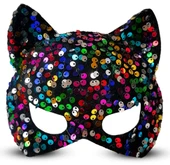 Siyah Kadife Kumaş Üzerine Rengarenk Payetli Pullu Parti Maskesi 16x14 Cm thumbnail 3