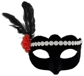 Siyah Renk Süet Kaplama Gümüş Dantelli Kırmızı Gül Tasarımlı Parti Maskesi 18x20 Cm thumbnail 1